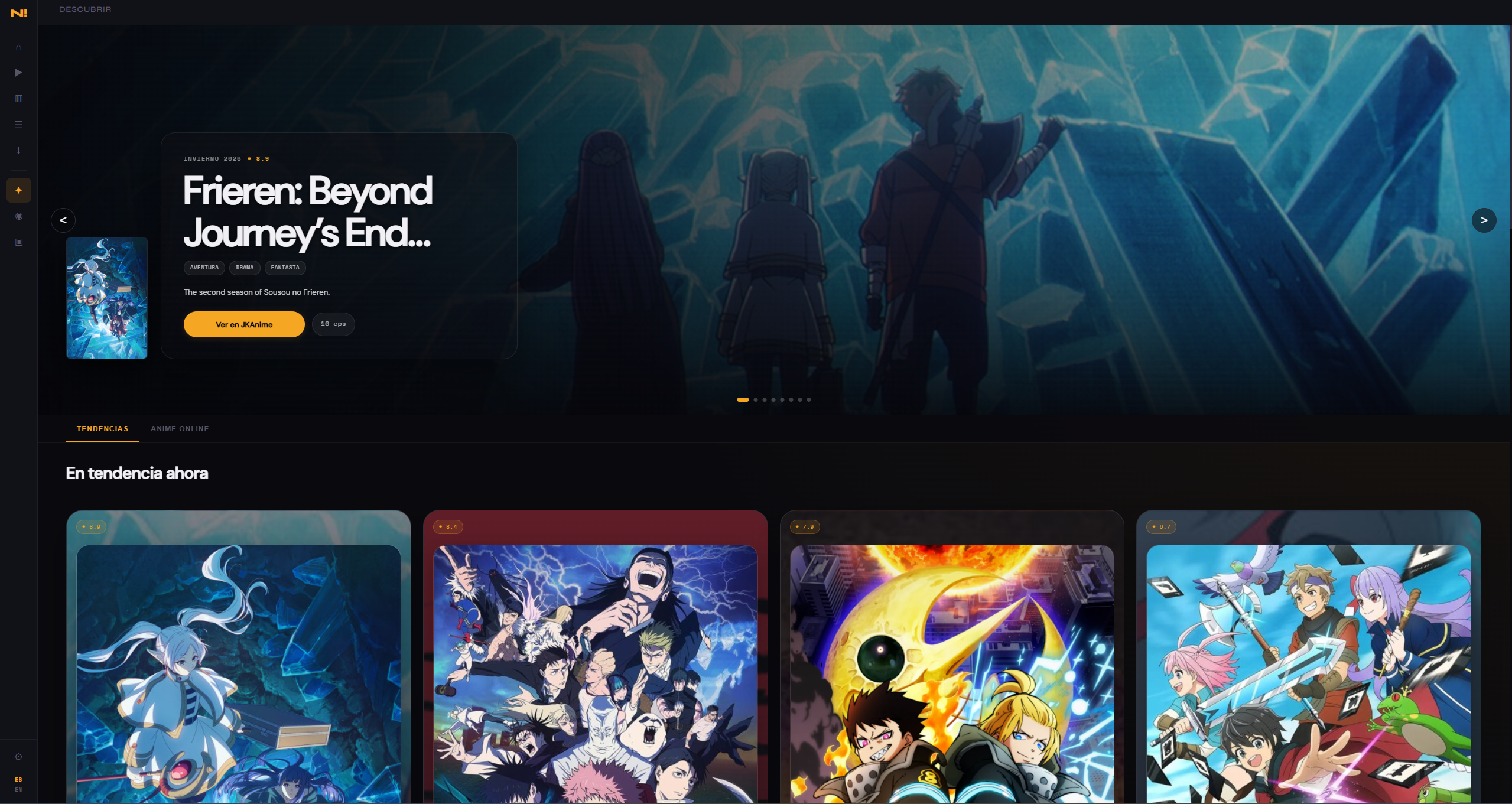 Sección Descubrir con tendencias de AniList