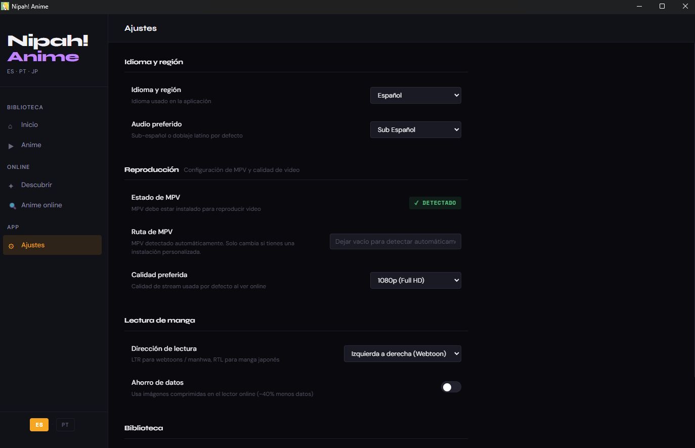 Pantalla de Ajustes mostrando MPV detectado