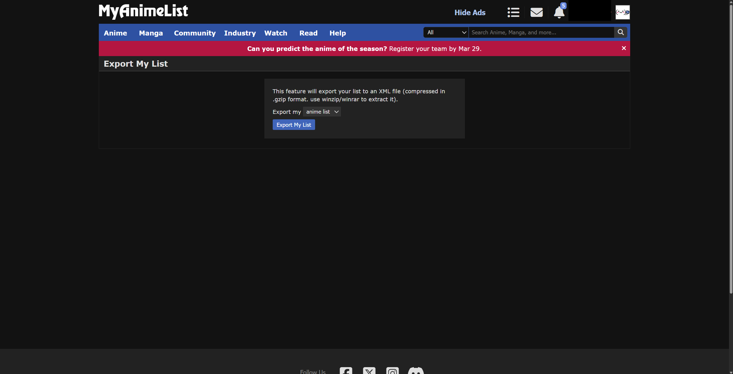 Pantalla de exportación de MyAnimeList